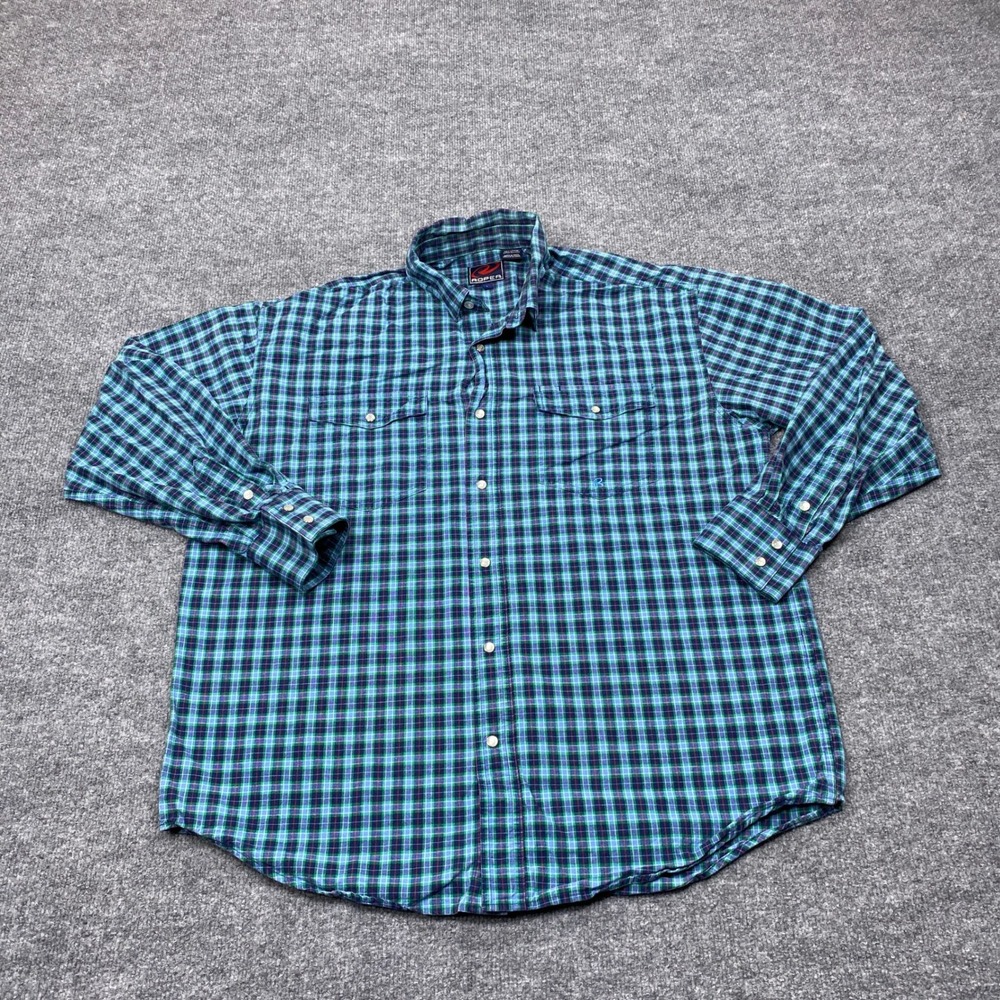 Roper Shirt Mens Large Blue Green Plaid Long Sleeve Pearl Snap Western